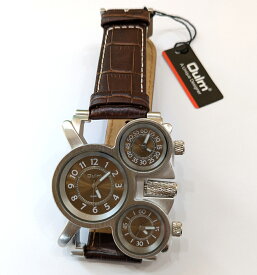 【即納】スチームパンク メンズ腕時計 シルバー＆ブラウン 3タイムゾーン ジャパニーズクオーツ ケースサイズ55x50mmで存在感あり