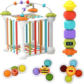 モンテッソーリ 形合わせおもちゃ 知覚仕分け容器 吸盤スピナー3個付き 色·形·数認知 早期開発 タッチ感知おもちゃ 指先遊び 知育玩具 男の子 女の子 誕生日のプレゼント