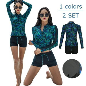 水着 レディース 体型カバー フィットネス水着 セパレート おしゃれ 前開き 着脱簡単 めくれ防止 競泳水着 2点セット 長袖 ラッシュガード UVカット ショートパンツ サーフパンツ 女性用 大