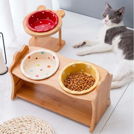 ペット食器台　送料無料 ダブルボウル フードボウルスタンド 猫食器台 フードボウル ウッド 木製 陶器 餌入れ スタンド 皿付き ご飯台 猫 小型犬 中型犬 食器台 いぬ 食事 フード 老犬 老猫 皿 ペット用器　　おしゃれ　お得　かわいい　　誕生日プレゼント