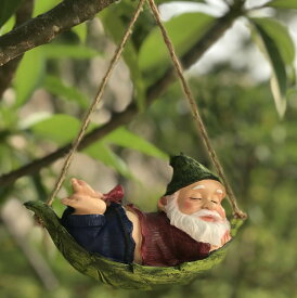 ガーデンオブジェ 吊り下げオーナメント ブランコで寝る白髭おじいさん こびと 森の妖精 (うつ伏せ寝)
