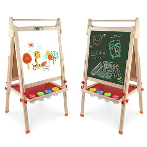 お絵かきボード 木製イーゼル 黒板とホワイトボードを含むダブルパネル 落書き 子供たちが学ぶのを助ける 96~132cmまで高さ調節可能 折りたたみ式 収納トレイ付き 製図板サイズ54*55cmです (天