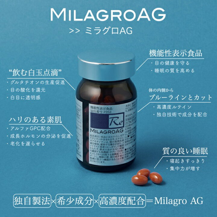 ミラグロサプリ ミラグロag 美容 眼精疲労 ミラグロ ag MilagroAG 90粒 サプリ 睡眠質 瞳 目 美しさ 紫外線 太陽 PC スマホ デスクワーク ブルーライト 光 刺激 健康 網膜 黄斑色素量 増加 維持 サポート ルテイン ゼアキサンチン 正規販売店 機能性表示食品 Beaty HealthShopG店