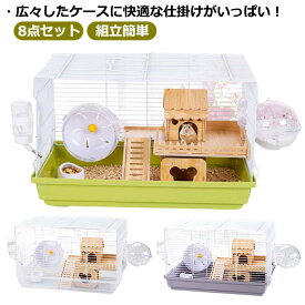 ハムスターケージ 小動物 飼育ケージ 2階建て 8点セット 回し車 給水ボトル 給餌ケージ 食器 ハムスターハウス クリア 透明 洗える 掃除簡単 組立簡単
