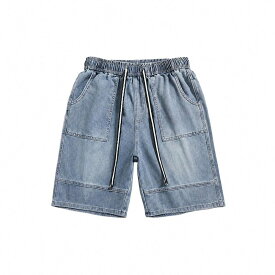 デニム ハーフパンツ メンズ 夏 ワイドパンツ ゆったり 膝丈 テンセル素材 ステッチ 切り替え ショート 薄手 涼しい ゴムウェスト 紐付き カジュアル ストリート 大きいサイズ 通気性 快適 普段