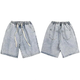 デニム ハーフパンツ メンズ ジーンズ ショートパンツ ウエストゴム 5分丈 短パン ゆったり ワイドパンツ 膝丈 紐付き カジュアル ストリート 男女兼用 夏 ボトムス シェフパンツ ワークパンツ