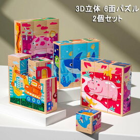 2個セット 3D立体 木製 6面 9コマ キューブパズル 木製 積み木 アニマル 子供向け 知育玩具 動物 6種類 形合わせ 木のおもちゃ 赤ちゃん ベビー 出産祝い 保育園 誕生日プレゼント 組み立て 教具 早期開発 男の子 女の子