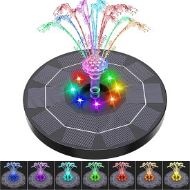 ソーラーポンプ 屋外 噴水 3W LEDライト付き ソーラー噴水ポンプ ガーデン用噴水 1500mAhバッテリー付 太陽光充電 バードバス用 ガーデン用噴水 ノズル6つ付き 酸素供給 水循環 水族館 池 卓上 水槽 スイミングプール 庭園 バードバス/庭/プール/池/水槽/屋外装飾用