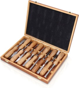 「10%OFFクーポン配布中」木彫りツールセット CRVブレード木製ハンドル付き彫刻ナイフシャープナー12個 木製ハンドル彫刻刀セット DIY手工芸品用の収納ボックス付き