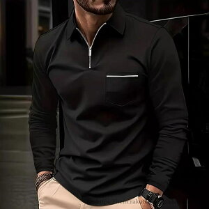 【送料無料】ゴルフウエア ポロシャツ メンズ 長袖 ハーフジップポロシャツ ゆったり 胸ポケット付き ライン入り カジュアルシャツ