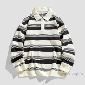 【送料無料】ポロシャツ メンズ ボーダー柄 人気 パーカー トレーナー 長袖ゆったり ポロカラー ポロシャツ カジュアル 春 秋 トップス 上着 プルオーバー