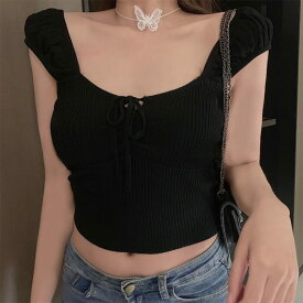 リブニット タンクトップ レディース 夏 ショート丈 ブラック/ホワイト/薄ブルー M サマーニット トップス カジュアル 無地 ノースリーブ ギャザー 肩出し デコルテ キレイ見せ へそ出し セクシー かわいい きれいめ 10代 20代 30代