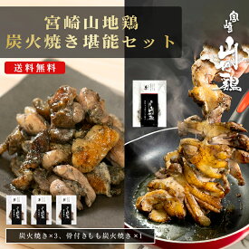 【送料無料】宮崎山地鶏 炭火焼き堪能セット【炭火焼3袋・骨付き1袋（合計4袋）セット】【冷凍便】レア焼き 宮崎県 宮崎 地鶏 炭火焼 真空パック 鶏 宮崎県産地鶏 国産 地どり コリコリ 炭火焼き地鶏 父の日 ギフト プレゼント【宮崎地鶏炭火焼 車】