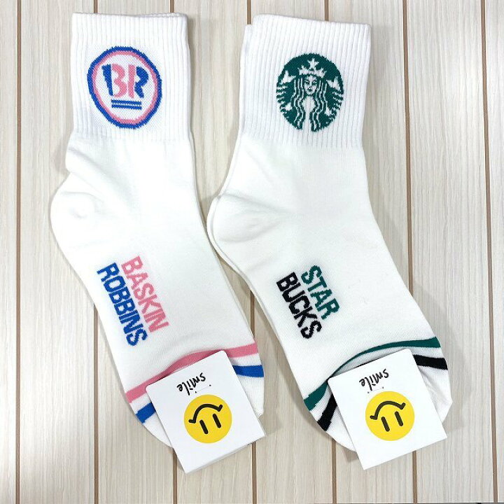 楽天市場 メール便6足までｏｋ 靴下 レディース ロゴ韓国デザインソックス スタバ コーラ ペプシ ドクターペッパー アップル ポカリ サブウェイ バーガーキング サーティワン チュッパチャプス Made In Korea ショート丈 ライン入り 靴下 韓国