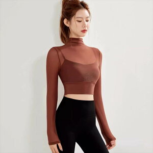 トレーニングウェア レディース 上下セット フィットネス ヨガ ジム トップス ショート 長袖 ハイネック 透け感 シースルー 伸縮性 かわいい 大人可愛い きれいめ シンプル カジュアル おし