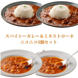 日南トマト加工株式会社 完熟とまとたっぷりレトルト スパイシーカレー＆ミネストローネ ニコニコ合計4個セット 産地直送 貰って嬉しい トマト農家 こだわりの レトルト 王様トマト 自社製造