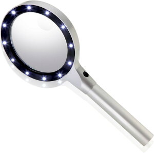 拡大鏡&虫眼鏡 手持ちルーペ【5倍&10倍】2種類レンズ/LEDライト/メンテナンスクロス付き/収納用ケース付き 拡大鏡 ルーペ