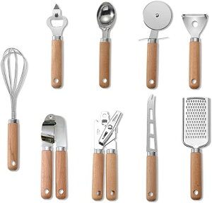 9点セット キッチンガジェット ステンレス鋼 調理器具セット 木製ハンドル ベーキングキット 泡だて器 ピザカッター ニンニク絞り ギフトボックス付き 台所用品 料理 製菓器具