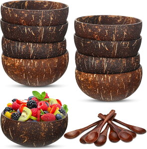 ココナッツボウル&木製スプーン 8点セット ココナッツシェル製 ブッダボウル サラダ スムージー用 ビーガンギフト キッチン サービング用 エコフレンドリー