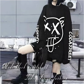 【土日も発送】 大きいサイズ モード系 ブラック トレーナー 長袖 トップス プリント ロング ストリート系 ダンス衣装 ルームウェア レディース メンズ ユニセックス 原宿系 韓国 春夏秋冬 黒 オーバーサイズ おしゃれ 送料無料