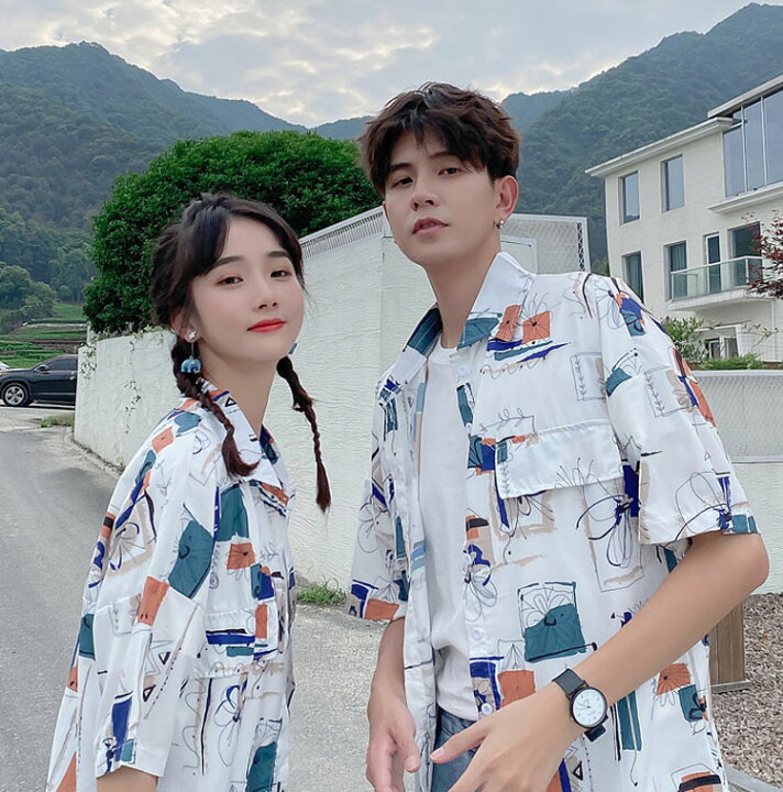 ペアルック カップル 千鳥柄 ブルー 旅行 夏 韓国 半袖 セットアップ シャツ