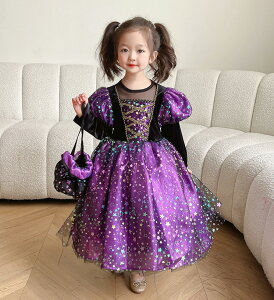 ハロウィン コスプレ 魔女 小学生 子供 コスチューム ワンピース ハロウィン 魔女 仮装 パープル 紫 女の子 プリンセス スドレス 可愛い キッズ 女児 魔法使い ハロウィン仮装 バッグ 子供ド
