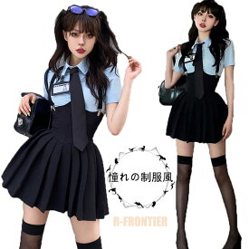 ハロウィン 衣装 ポリス スクールガールコーデ 韓国 制服 ネクタイ パフスリーブ ブラウス ショートパンツ付き フリルスカート セットアップ トップス クロップド丈 ショート丈 シャツ ラウンドヘム ミニスカート スタイルアップ 韓国ガーリー JK 女子高生 学生 警察官 警服