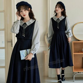 【即納あり】卒業式 スーツ 女の子 韓国 制服 卒服 高校生 中学生 ワンピース フォーマルスーツ ピアノ発表会 体型カバー 膝丈 フェイクレイヤード ネイビー 卒服 ジュニア ゆったりサイズ 重ね着風 裏 入学式 スーツ 単品 JK なんちゃって制服 洋服 長袖 着痩せる 春 S M L