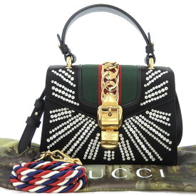 【8/1 P2倍】【本物保証】 布袋付 超美品 グッチ GUCCI シェリーライン シルヴィ 3WAYバッグ サテン ブラック 470270 493075 ラインストーン入 【中古】