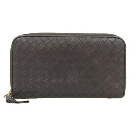 【本物保証】 ボッテガヴェネタ BOTTEGA VENETA イントレチャート ラウンドファスナー長財布 114076 レザー ブラウン 定番 【中古】