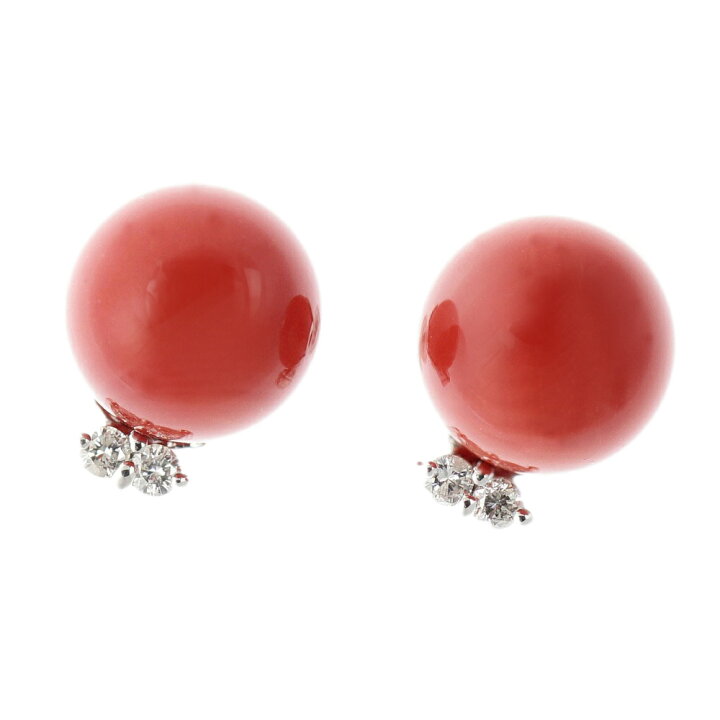K18WG/珊瑚ダイヤモンドピアス0.02ct