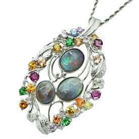 【本物保証】 新品同様 ネックレス 約11.6g K18WG ブラックオパール3.71ct メレダイヤ0.19ct サファイア/トルマリン2.54ct ノーブランド 【中古】