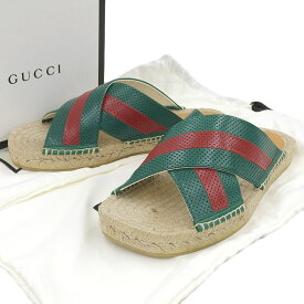 【本物保証】 箱・布袋付 新品同様 グッチ GUCCI シェリーライン スライド サンダル 靴 レザー グリーン レッド 7 624629 希少 レア メンズ 【中古】