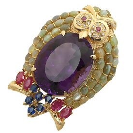 【本物保証】 鑑付 新品同様 フクロウ ペンダント付ブローチ 42.1g K18YG アメジスト キャッツアイ ルビー サファイア ダイヤ ノーブランド 【中古】