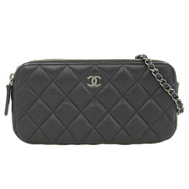 【本物保証】 超美品 シャネル CHANEL ココマーク チェーンウォレット A82527 シール付(22番台) 財布 ラムスキン シルバー金具 黒 ロゴ 【中古】