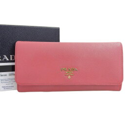 【本物保証】 箱・保付 プラダ PRADA ロゴ ホック付長財布 1M1349 長財布 財布 サフィアーノレザー ピンク 【中古】