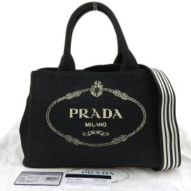 【本物保証】 布袋・保付 超美品 プラダ PRADA カナパトート 1BG439 2WAYバッグ ハンドバッグ キャンバス 黒 ブラック 中ストライプ ロゴ 【中古】