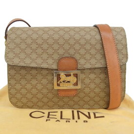 【本物保証】 希少 レア 布袋付 セリーヌ CELINE マカダム柄 斜め掛け ショルダーバッグ F/09 ベージュ 馬車金具 ホースキャリッジ 【中古】