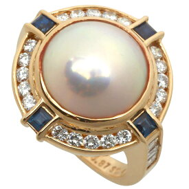 【本物保証】 箱・鑑付 新品同様 ゲインズボロー GAINSBOROUGH 10.3g リング 指輪 K18YG 半形パール 12mm ダイヤ0.87ct サファイア0.415ct 【中古】