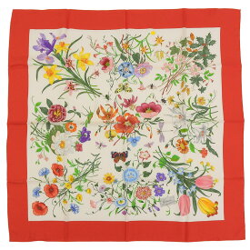 【本物保証】 新品同様 グッチ GUCCI スカーフ シルク レッド×アイボリー フローラ 花 フラワー 【中古】