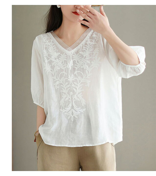[セカンドルーツ] 刺繍 Vネック トップス プルオーバー ブラウス 涼しい 半袖 夏 レディース セカンドルーツ] 刺繍 Vネック トップス プルオーバー ブラウス 涼しい 半袖 夏 レディース 市場】[セカンドルーツ] 刺繍 Vネック トップス  プルオーバー ブラウス 涼しい 半袖 夏 レディース：NaturaBalance市場店