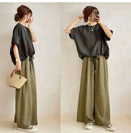セットアップ レディース 2点セット 半袖 パンツ トップス＆ロングパンツ ハイウエスト ドンキング ロング丈 夏服 ドンキングトップス グルーネック パフスリーブ カジュアル ゆったり 体型カバー 着痩せ 大人 可愛い 普段着 春夏