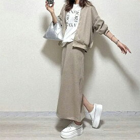 2点セット レディース アウター＆ロングスカート 上下セット セットアップ スカートスーツ 春服 秋服 ジャケット コート パーカー スウェット ストレート 後ろスリット 無地 カジュアル ゆったり シンプル オシャレ リゾート 春 夏 秋