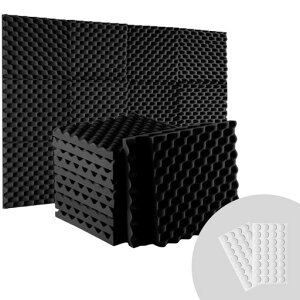吸音材30x30cm厚さ2.5cm12枚ステッカー付き騒音消音防音吸音対策室内装飾楽器吸音材質ポリウレタンウレタンフォームウェッジ【両面テープ付きすぐに使える】(黒波型)
