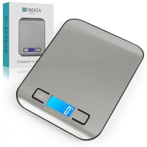 BOMATAはかりデジタル1g単位5kg地域設定機能付きコンパクト薄い風袋引mlモード付きテンレス鋼計量器キッチンスケール測り(料理小型ペット軽小物です)B2012A黒