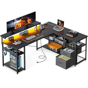 ODKパソコンデスク引き出し2杯付きゲーミングデスクコンセント付きl字デスクデスク机幅135cm棚付きpcデスク収納オフィスデスク仕事用在宅勤務組立簡単ブラック