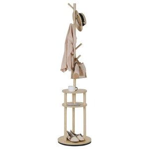 VECELOポールハンガー幅40x奥行き40x高さ165CMコートハンガーハンガーラック帽子掛け玄関収納木製おしゃれ衣類収納帽子掛け6つフック2段棚組立簡単ライトブラウン