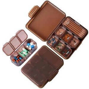 QuickYen週間薬ケース週間ピルケース2個入リ小型サプリメントケース1週間分飲み忘れ防止薬入れ大容量防湿密閉?盒用途多数携帯用おしゃれ薬入れ旅行トラベル用(ブラウン)