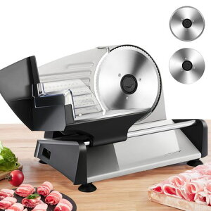 Moongiantgoミートスライサー電動フードスライサー2種カッター刃付しゃぶしゃぶ肉/パン/ハム/チーズ/野菜/果物スライス厚さ1-15mm調整均一スライスお手入れ簡単安定作業肉スライサー業務用…