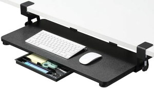ETHUキーボードトレイ引き出し付き文具収納後付けキーボードスライダー天板2枚接ぎクランク式ペンケース付きフルキーボードスマホホルダー人間工学ブラック